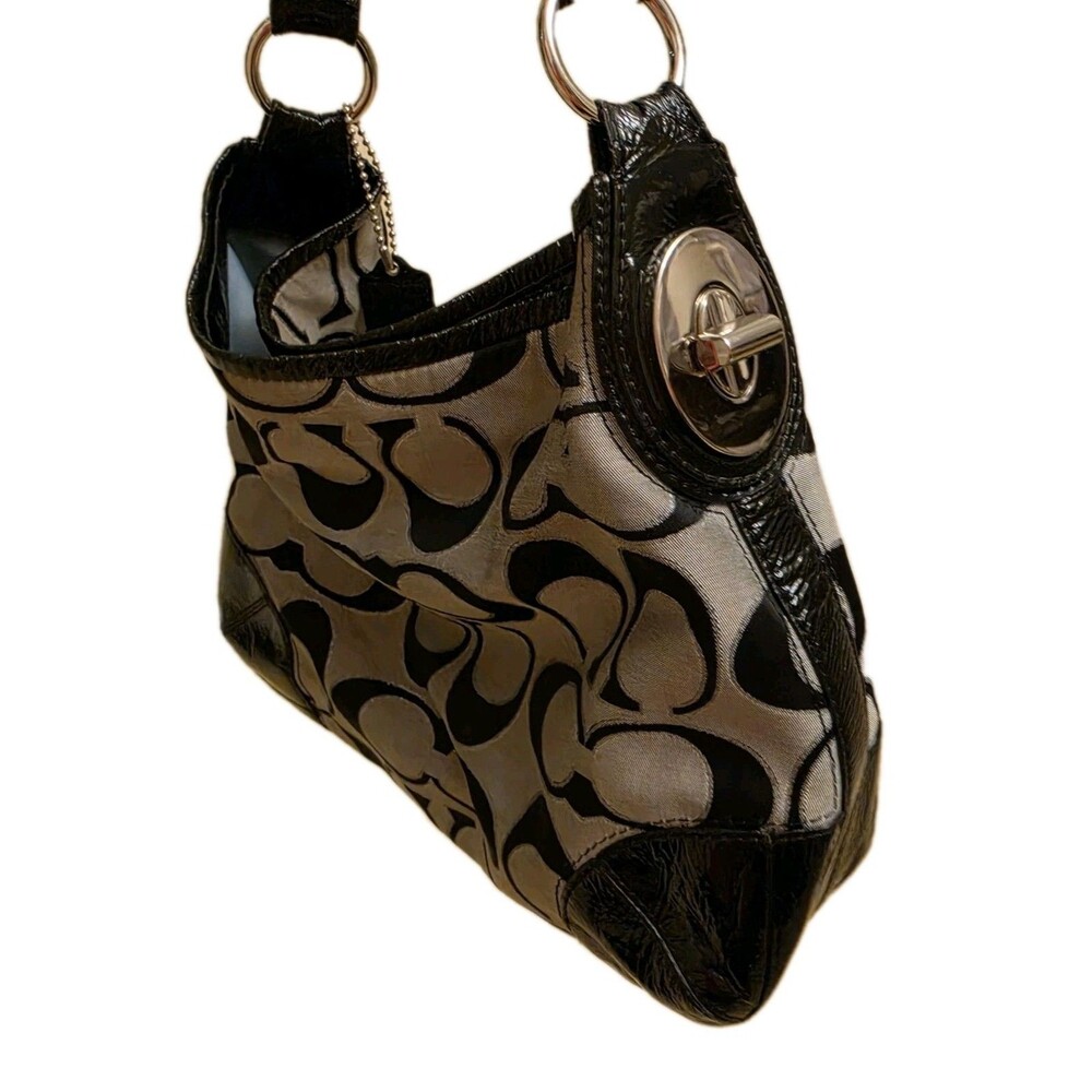 Authentic COACH PEYTON SIGNATURE LUREX HOBO BAG PURSE F19758M BLACK/SILVER - Picture 8 of 12